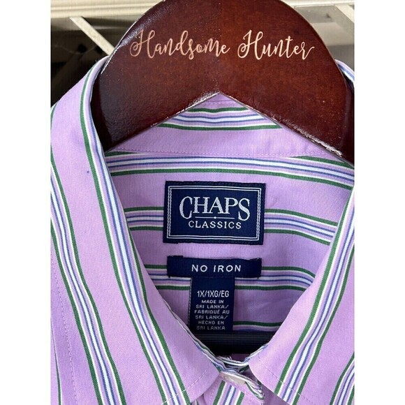 Chaps Womens Plus Size 1X Purple Green Striped Long Sleeve No Iron Button Up T4 - Picture 10 of 12
